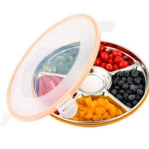 Divided Serving Tray with Lid, Stainless Steel Veggie Tray with Plastic Lid
